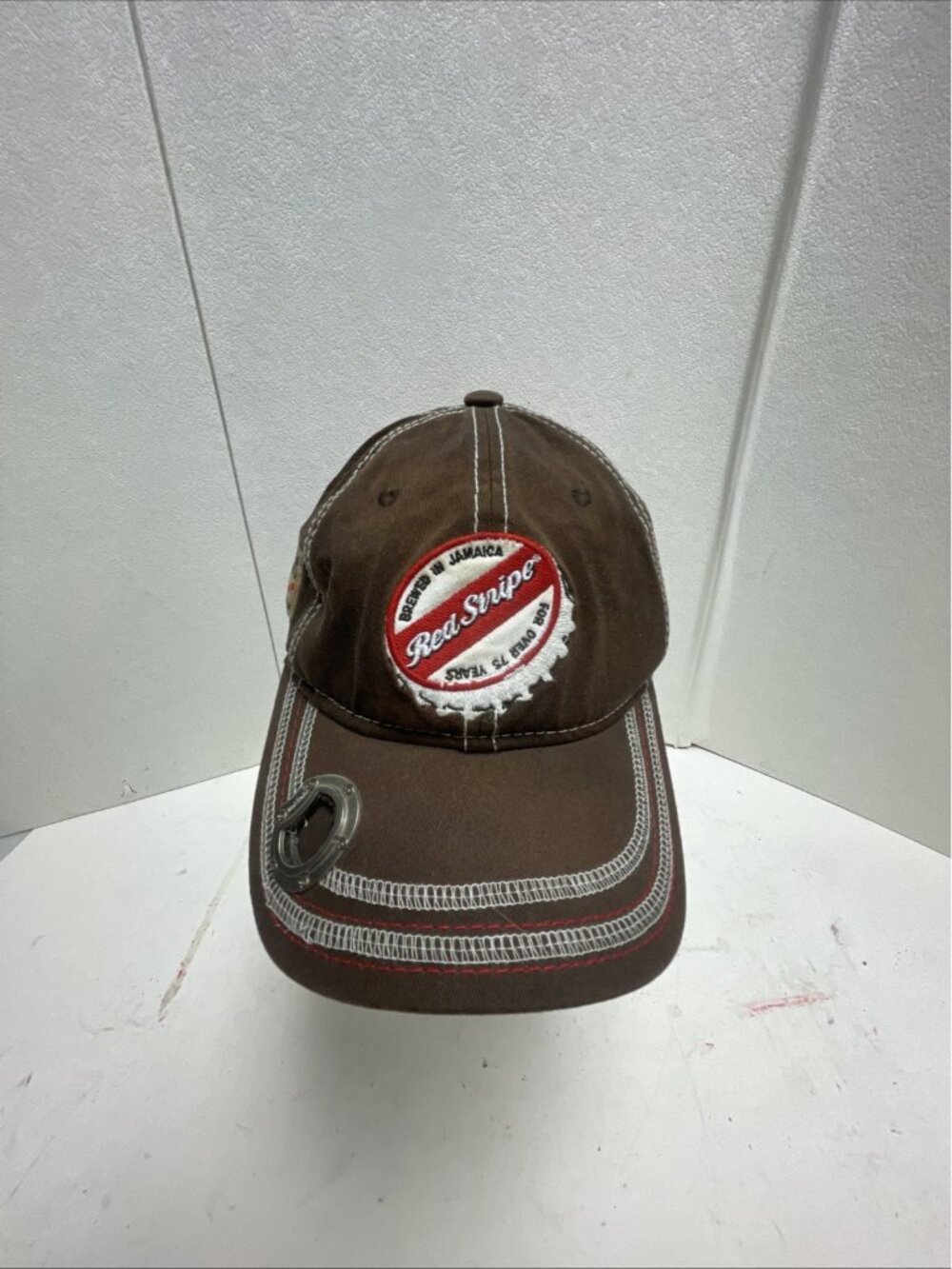 Vintage Red Stripe Beer StrapBack Hat Cap with Built-In Bottle Opener Distressed